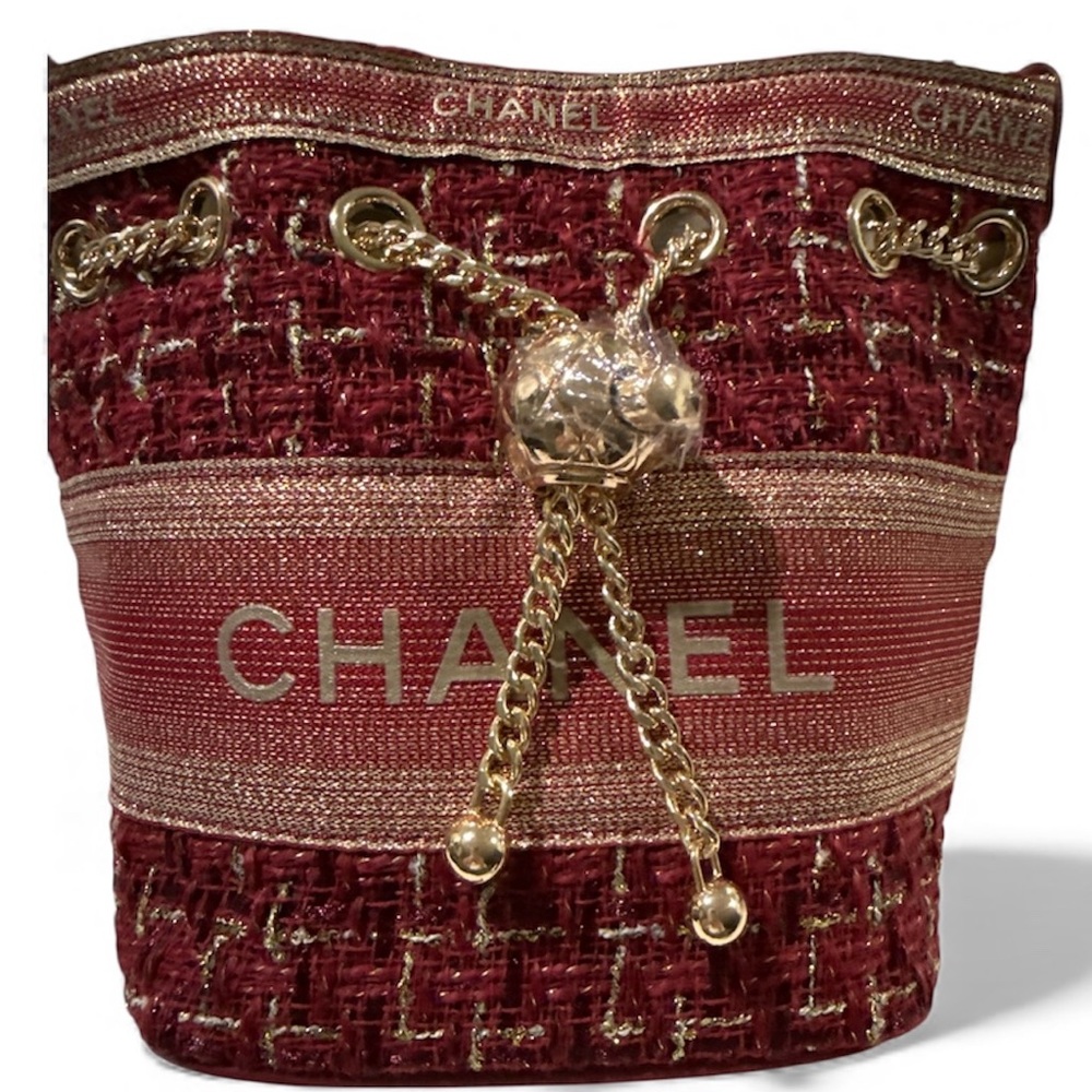 Chanel Burgundy Tweed Bucket Bag with Gold Accents